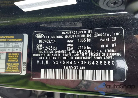 2015 Kia Optima Ex z USA, uszkodzony, nr VIN 5XXGN4A70FG436860